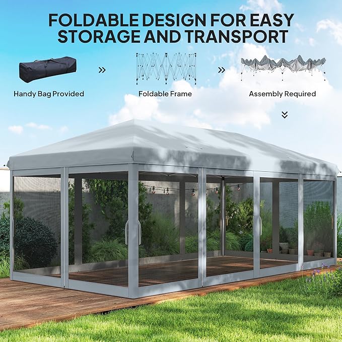 Outsunny 10' x 20' Pop Up Canopy Tent with Netting, Heavy Duty Instant Sun Shelter, Large Tents for Parties with Carry Bag for Outdoor, Garden, Patio, Gray