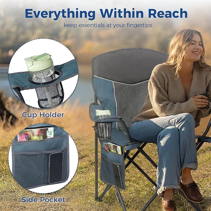 Outdoor Camping Chair 2-Pack with Mesh Back, Folding Portable Lawn Chairs with Cup Holder & Side Storage Pocket for Camping, Beach, Picnic, Fishing(Blue)