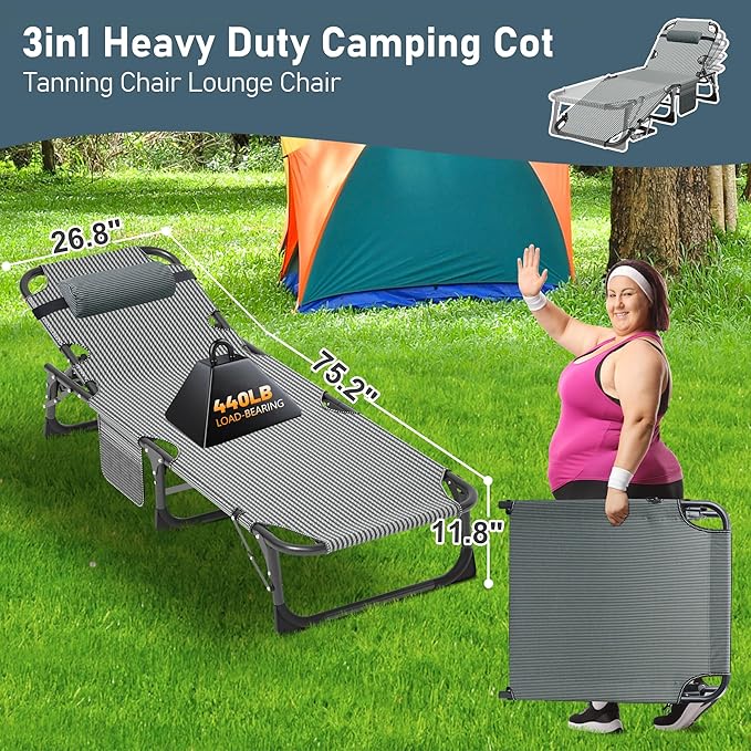 ABORON Patio Lounge Chair, Folding Guest Bed Cot for Adults, 500LB Heavy-Duty Capacity, Portable Extra Bed with Comfort Mat, Quick Fold Design for Indoor Guest Stays & Temporary Use