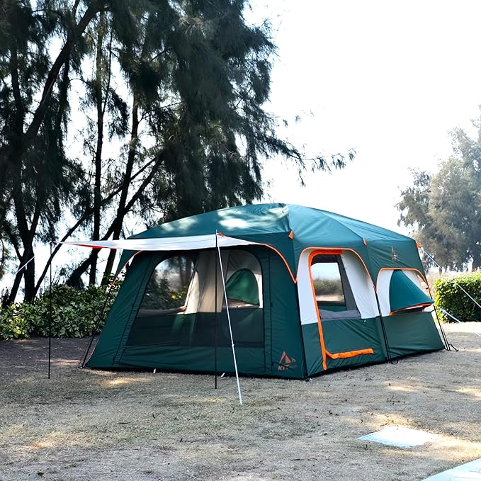 KTT Extra Large Tent 10-12-14 Person(A),Family Cabin Tents,2 Rooms,3 Doors and 3 Windows with Mesh,Straight Wall,Waterproof,Double Layer,Big Tent for Outdoor,Picnic,Camping,Family Gathering