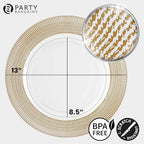 PARTY BARGAINS 13-Inch Charger Plates - 96 Pack, Clear Gold Textured Rim, Heavy-Duty Disposable Chargers for Elegant Dining - Ideal for Weddings and Formal Events