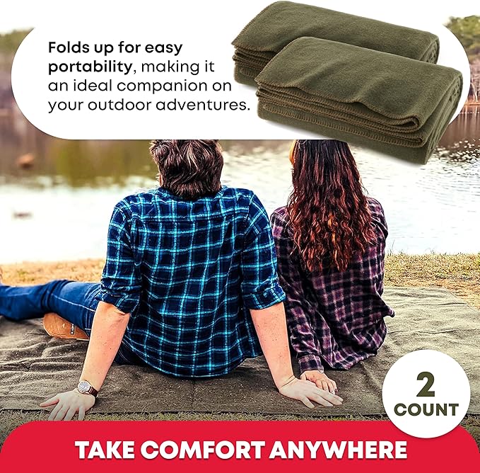 Ever Ready First Aid Olive Drab Green Warm Fire Retardant Blanket, 66" x 90" (80% Wool) – US Military Style, Heavy-Duty Survival & Emergency Blanket for Camping, Hunting, Outdoors & Home Use - 2 Pack