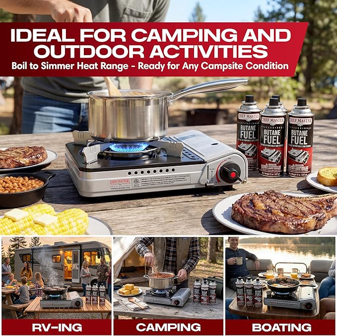 12,000 BTU Portable Butane Camping Stove with 4 x 8oz. Butane Fuel Canister Combo, Double Wind-Guard Portable Stove w/Carry Case for Road Trips, Camping, Tailgating & Emergencies by Chef Master 90235