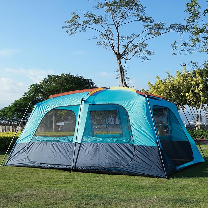 KTT Extra Large Tent 12 Person,Family Cabin Tents,Awning,2 Rooms,4 Doors and 4 Windows with Mesh,Straight Wall,Waterproof,Double Layer,Big Tent for Outdoor,Picnic,Camping,Family Gathering