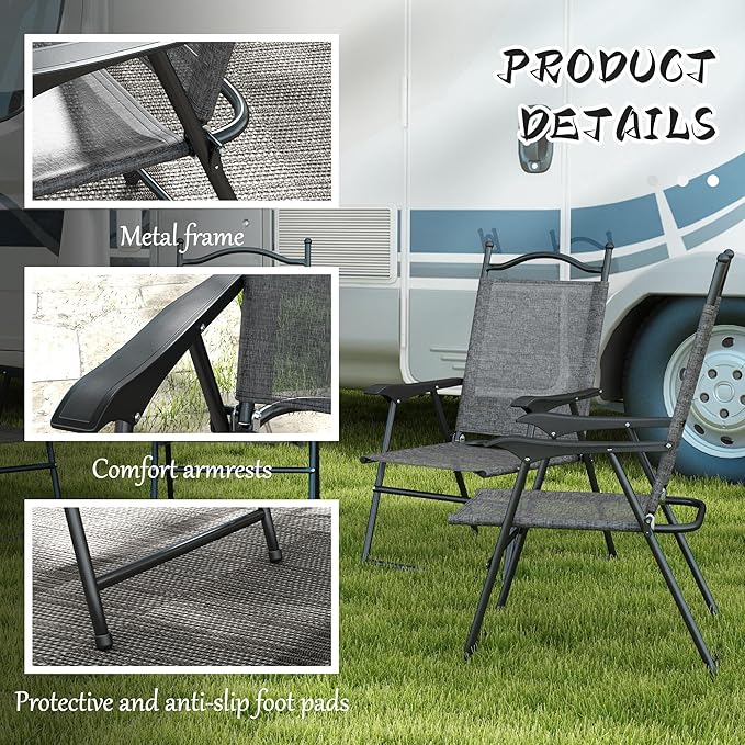 Outsunny Folding Patio Chairs, Set of 4 Sports Chairs for Adults, Camping Chairs with Armrests, Breathable Mesh Fabric Seat for Lawn, Gray