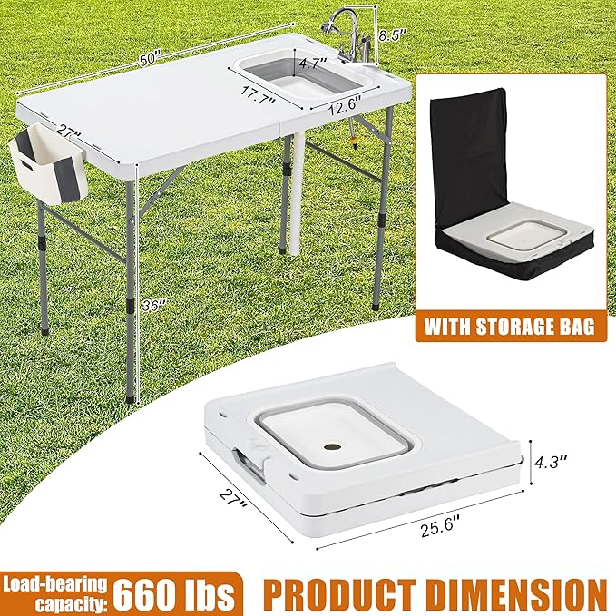 Spurgehom 50" Portable Fish Cleaning Table with Sink&Collapsible Wash Basin, Folding Camping Table with Faucet, Sprayer, Gloves, Trash Can, Storage Bag, Foldable Picnic Table for Picnic Beach Patio