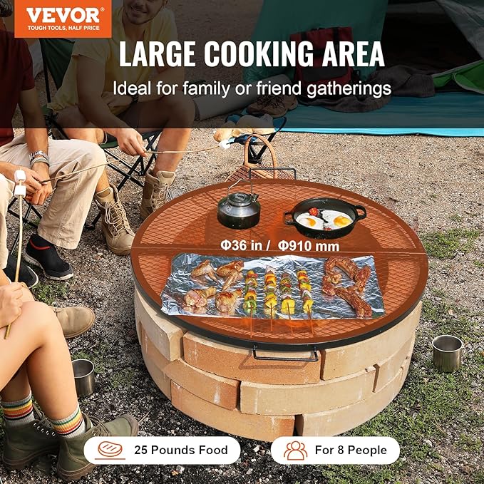 VEVOR X-Marks Fire Pit Grill Grate, Foldable Round Cooking Grate, Heavy Duty Steel Campfire BBQ Grill Grid with Handle and Support X Wire, Portable Camping Cookware for Outside Party, 36 Inch Black