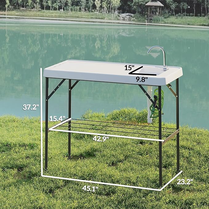Outsunny Folding Fish Cleaning Table, Portable Camping Sink Station with Faucet, Drainage Hose, Sprayer, Grid Rack and Knife Groove, Outdoor Fillet Table for Picnic Beach Patio, White