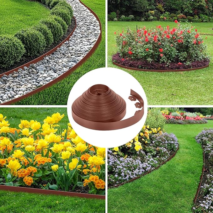 2-Inch x 200 FT Landscape Edging Border with 300 Stakes, Plastic Garden Edging Border Kit, Flexible No Dig Lawn Edging Border for Garden Flower Beds Yard Pathway Paver (Brown)