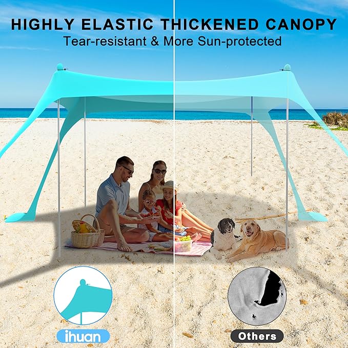 ihuan Beach Tent Sun Shelter 10X10FT UPF50+ with 4 Aluminum Foldable Poles, Easy Setup Outdoor Shade Canopy for 8 Person, Camping Sun Shelter for Fishing, Family Trips, Backyard Picnics