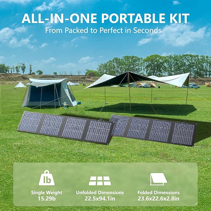 220W Foldable Solar Panel, Bifacial Monocrystalline, 25.9 Voc High Voltage, Waterproof, for Portable Power Station, Camping, RV, with Kickstand and Carrying Bag