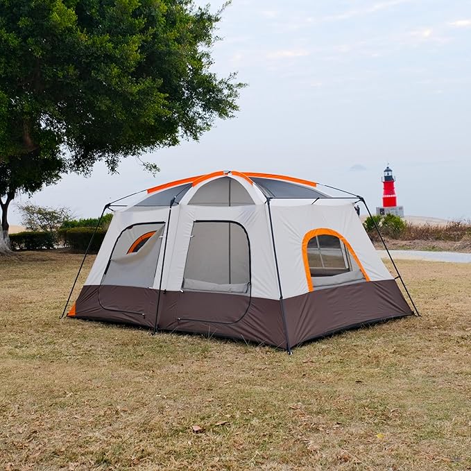 KTT Large Tent 8-10-12 Person,Family Cabin Tents,2 Rooms,2 Doors and 4 Windows with Mesh,Straight Wall,Waterproof,Double Layer,Big Tents for Outdoor,Picnic,Camping,Family Gathering