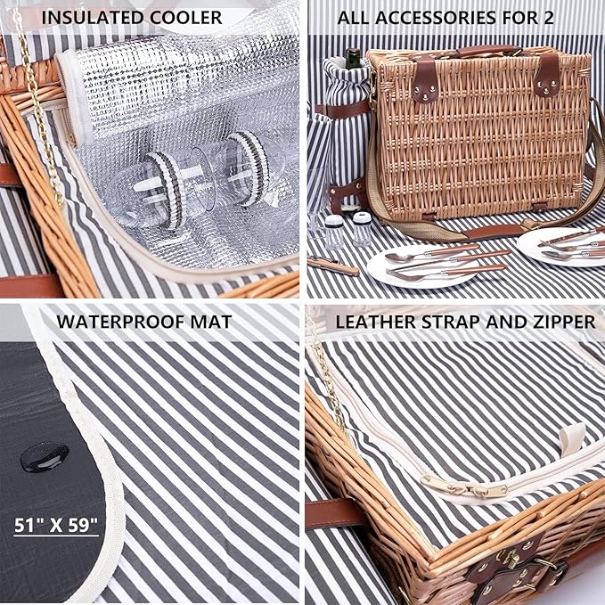 Picnic Basket with Blanket and Wine Pouch for 2 Wicker Picnic Set with Insulated Liner Cooler Bag Hamper for Camping,Wedding - Stripes