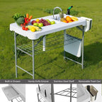 GarveeLife Folding Fish Cleaning Table, Portable Camping Double Sinks Table w/2 Dual Water Basins, Faucet Drainage Hose & Sprayer, Outdoor Fish Fillet Cleaning Station w/Storage Box