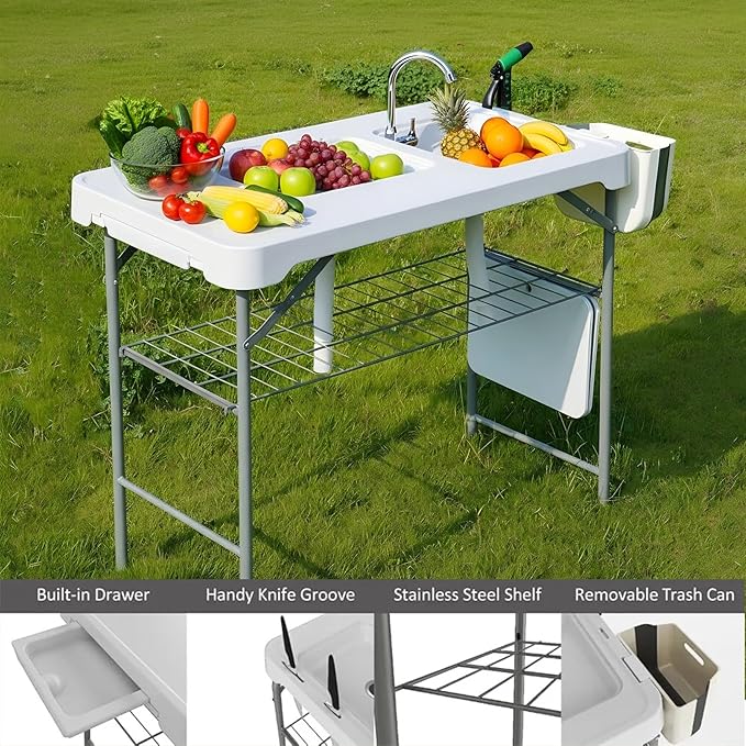 GarveeLife Folding Fish Cleaning Table, Portable Camping Double Sinks Table w/2 Dual Water Basins, Faucet Drainage Hose & Sprayer, Outdoor Fish Fillet Cleaning Station w/Storage Box