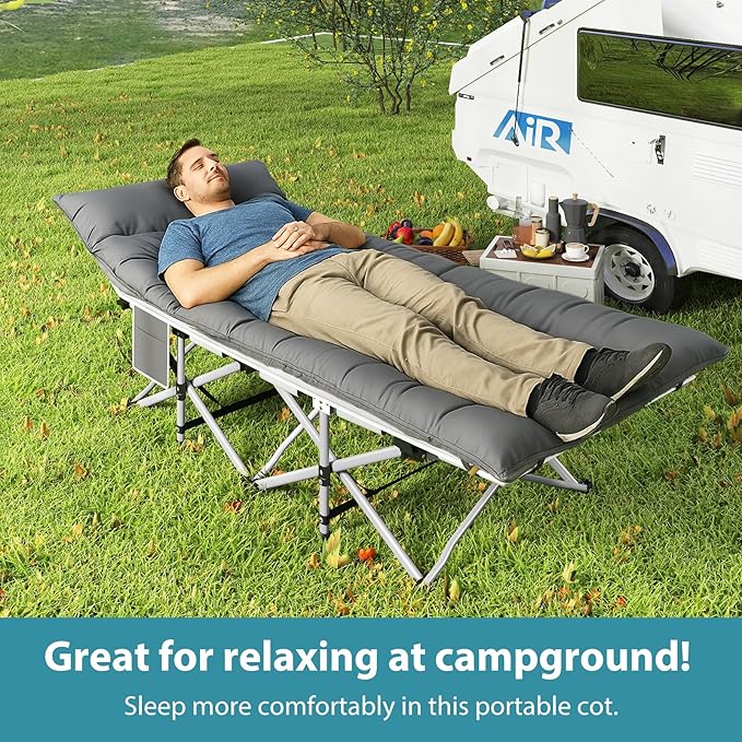 Folding Camping Cot for Adults - Heavy Duty Sleeping Cots with Carry Bag, Double Layer Oxford Portable Travel Camp Cots for Outdoor Camp Beach Home Office (Silver Frame with Gray Pad, 1PACK)