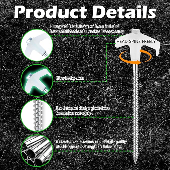 8" Heavy Duty Screw in Tent Stakes, Metal Camping Stakes, Drill-In Ground Anchor, Threaded Stakes for Canopies, Gardening, Yard Inflatables, with Hex Socket and Storage Bag (20, Luminous)