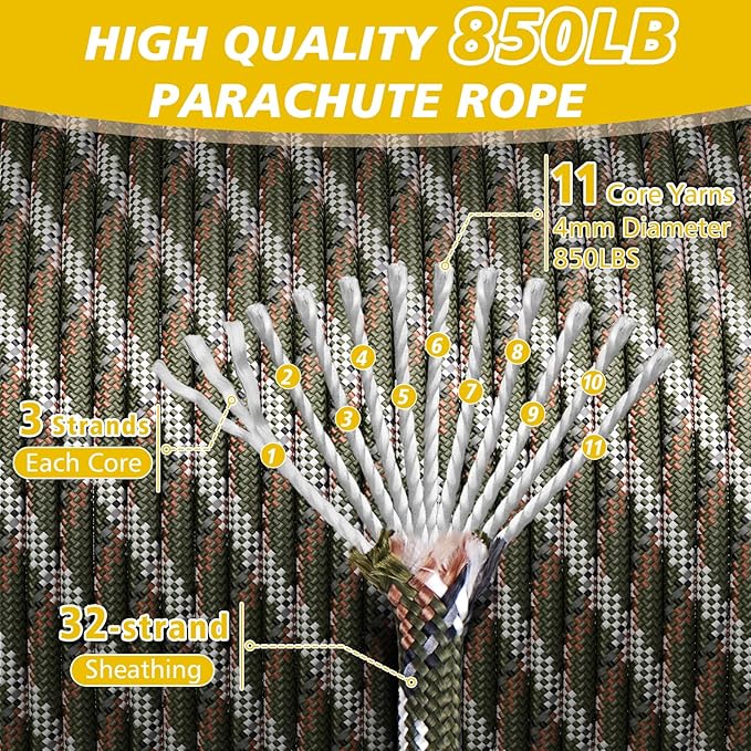850Ib Reflective Paracord Rope, 50/100/200/500/1000ft 4MM 11 Strand Parachute Cord, Survival Paracord Rope Tie Down for Crafting, Tent, Camping, Clotheline, Hiking, Fishing, Camo Green 1000FT