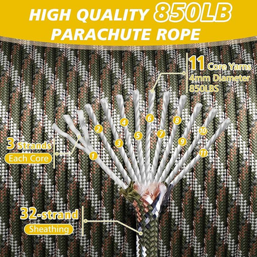 850Ib Reflective Paracord Rope, 50/100/200/500/1000ft 4MM 11 Strand Parachute Cords, Survival Paracord Rope Tie Down for Crafting, Tent, Camping, Clotheline, Hiking, Fishing, Camo Green 100FT