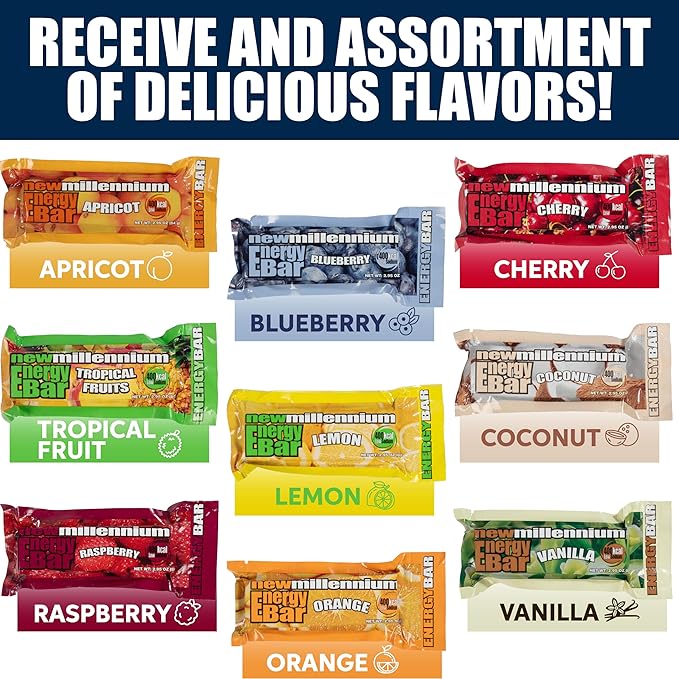 SOS Food Lab Emergency Food Bar (18 Energy Bars, 9 Assorted Flavors) - 400 Calorie, Low Sodium, Nutrient Dense Millenium Bar - Ready to Eat, 5 Year Shelf Life Survival Food for Disaster Preparedness