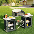 Goplus Folding Camping Kitchen Table with Storage, Aluminum Portable Outdoor Cooking Table with Windscreen, Foldable Camp Table Cook Station for BBQ, Grill, Party, Picnics