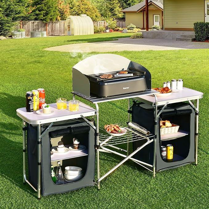 Goplus Folding Camping Kitchen Table with Storage, Aluminum Portable Outdoor Cooking Table with Windscreen, Foldable Camp Table Cook Station for BBQ, Grill, Party, Picnics