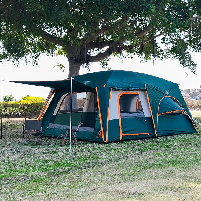 KTT Extra Large Tent 10-12-14 Person(B),Family Cabin Tents,2 Rooms,3 Doors and 3 Windows with Mesh,Straight Wall,Waterproof,Double Layer,Big Tent for Outdoor,Picnic,Camping,Family Gathering