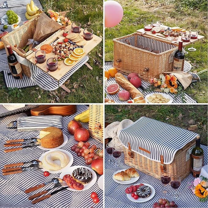 Wicker Picnic Basket for 4, 4 Person Picnic Kit, Willow Hamper Service Gift Set with Blanket Portable Bamboo Wine Snack Table for Camping and Outdoor Party