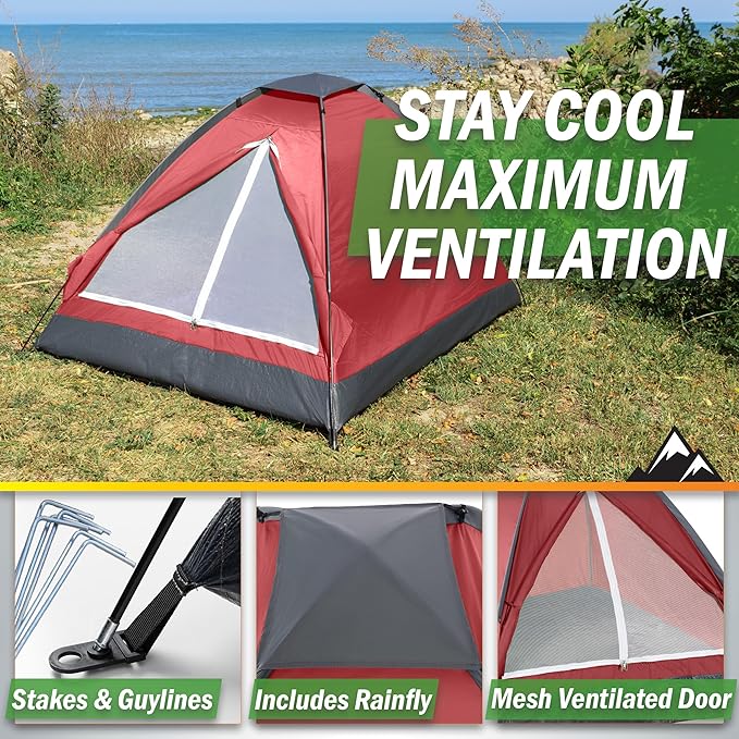 2 Person Camping Tent with Rain Fly and Carrying Bag - Lightweight Outdoor Tent for Backpacking, Hiking, or Beach Use by Wakeman Outdoors
