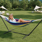 Double Hammock with Stand - Heavy Duty 450lbs Capacity, Portable Cotton Hammock for 2 Adults, Indoor & Outdoor Use with Travel Bag, Quick Assembly, Tropical Stripe Pattern