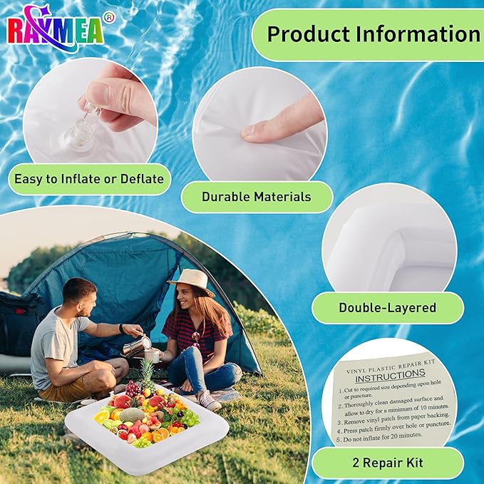 Inflatable Ice Serving Bar 2 PCS, Portable Salad Ice Tray Food Drink Pool Containers Inflatable Cooler for Summer Parties, BBQ, Graduation, Camping or Picnic (24 Inch White)