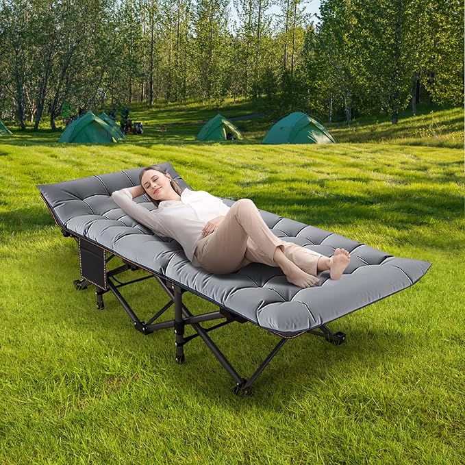NAIZEA Folding Camping Cots for Adults, Folding Cot with Mattress Camping Bed Camp Cot Portable Military Cot, Double Layer Oxford Strong Heavy Duty Sleeping Cots with Carry Bag for Camp Office Use