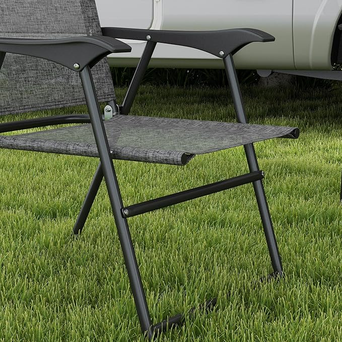 Outsunny Folding Patio Chairs, Set of 4 Sports Chairs for Adults, Camping Chairs with Armrests, Breathable Mesh Fabric Seat for Lawn, Gray