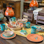 Paseo Road Tossed Feather 14 Piece Melamine Plastic Western Dinnerware Set, Orange Tan Brown Teal Aztec Tribal Print, Southwestern Rustic Dish Set with Plates, Bowls, Serving Dish