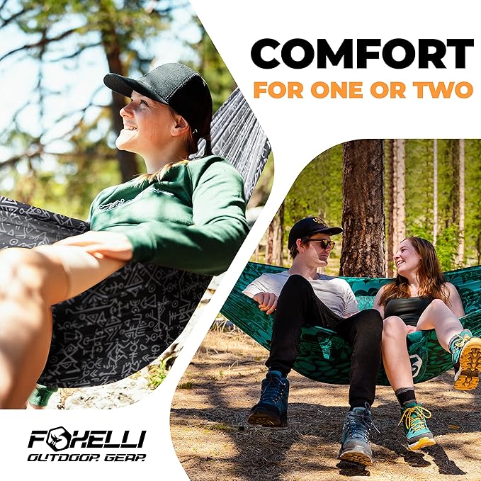 Foxelli Camping Hammock – Ultralight Hammock for Backpacking, Hiking, Festivals, Travel - Easy Setup with Tree-Friendly Ropes & Steel Carabiners, Heavy Duty Parachute Nylon