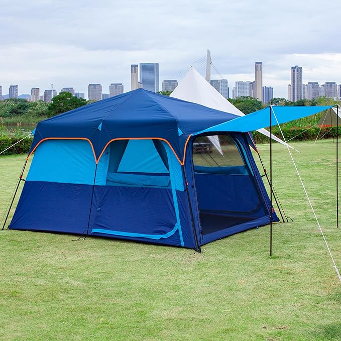 KTT Extra Large Tent 10-12-14 Person(A),Family Cabin Tents,2 Rooms,3 Doors and 3 Windows with Mesh,Straight Wall,Waterproof,Double Layer,Big Tent for Outdoor,Picnic,Camping,Family Gathering