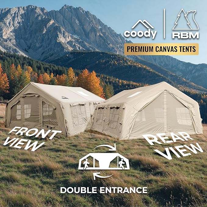 Coody Inflatable Canvas Camping Tents with Stove Jack – Premium Air Beam Family Glamping Tent, Breathable Cotton Canvas, Fast Setup Air Tent with Pump