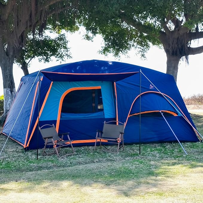 KTT Extra Large Tent 10-12-14 Person(B),Family Cabin Tents,2 Rooms,3 Doors and 3 Windows with Mesh,Straight Wall,Waterproof,Double Layer,Big Tent for Outdoor,Picnic,Camping,Family Gathering