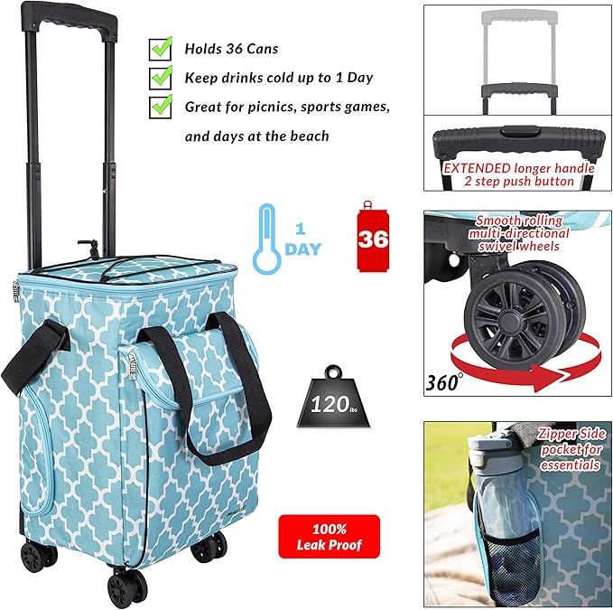 dbest Products Ultra Compact Cooler Smart Cart 360 Insulated Collapsible Rolling Tailgate BBQ Beach, Moroccan Tile