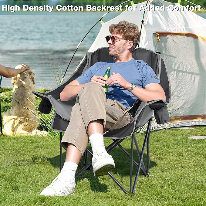2 Pack Oversized Camping Chair, Portable Folding Padded Camp Chairs with Side Pocket, Cup Holder, Heavy Duty Support 500LBS Outdoor Lounge Chair for Adults, Fishing, Sports, Trip, Black