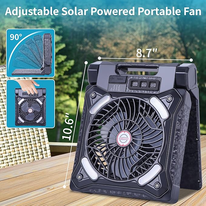 Solar Fan Battery Powered Rechargeable Solar Camping Fan with Led Lantern & Power Bank Foldable Angle USB Personal Fans for Travel Outdoor Camping Tents X98 Black