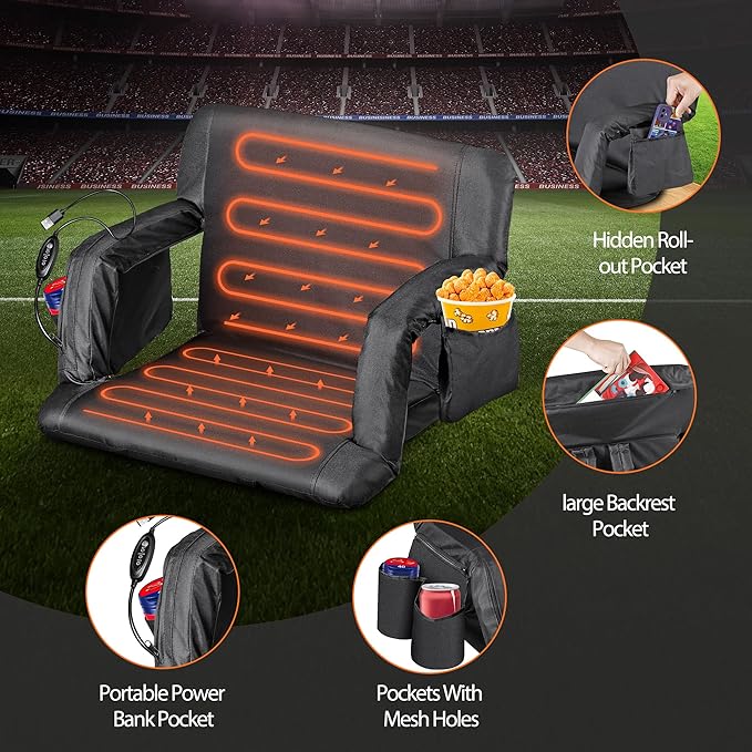 Wide Stadium Seat for Bleachers with Back Support -2 Pack Reclining Adults Camping Stadium Chair Extra Thick Cushion Bleacher Seats Waterproof Black