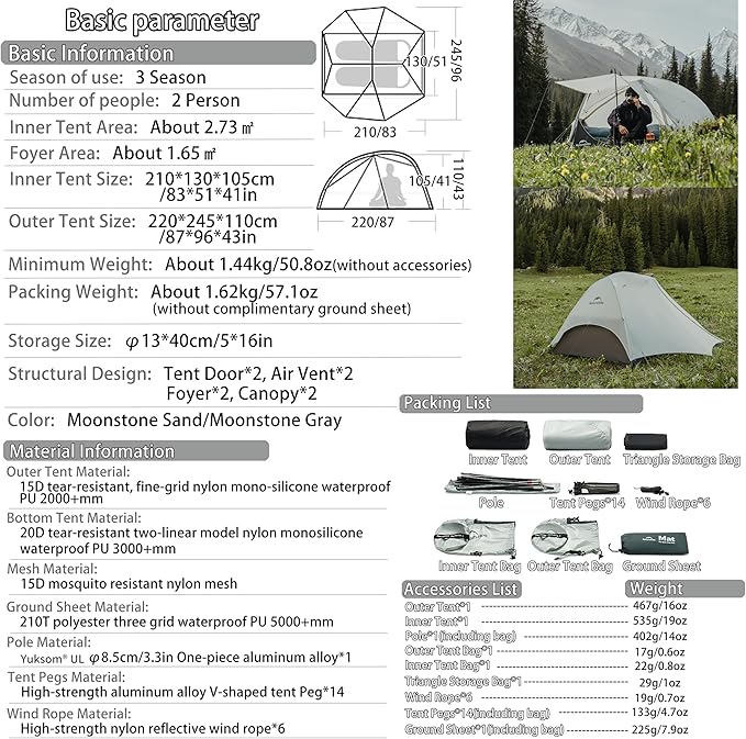 Naturehike Free Standing 2 Person Backpacking Tent with The Double Canopy Ultralight Nylon Double Layer Waterproof Camping for Camping, Festivals, Backyard, Sleepovers