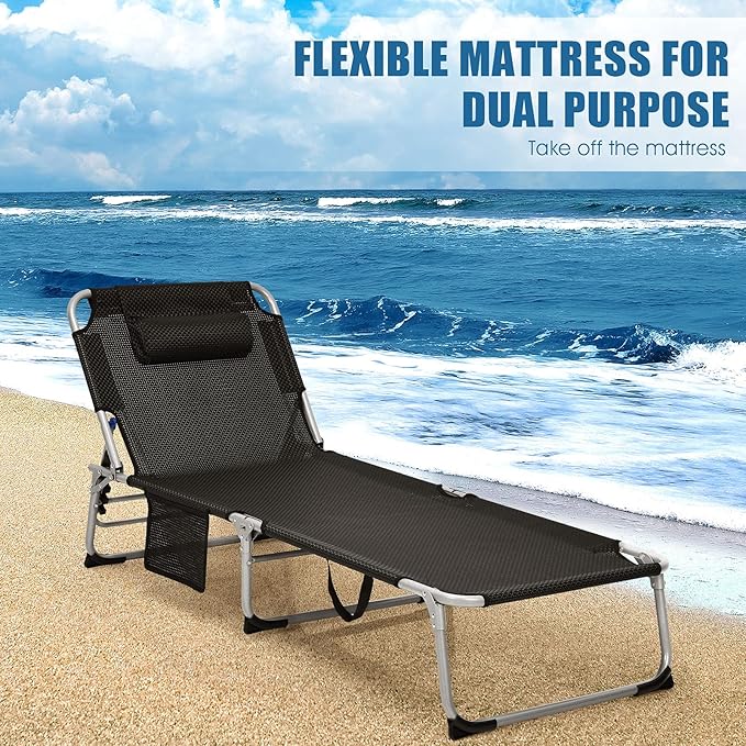 Giantex 2-Pack 2-in-1 Lounge Chair Chaise Lounger with Mattress, 4 Adjustable Position, Pillow, Side Pocket Beach Recliner for Sunbathing, Patio, Pool, Lawn, Deck Folding Camping Cot, Black