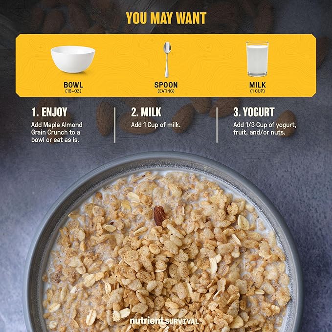 High Protein Cereal, Maple Almond Grain Crunch (12 Servings) Freeze Dried Prepper Supplies & Emergency Food Supply, Dairy & Gluten Free, Shelf Stable Up to 25 Years, One Can