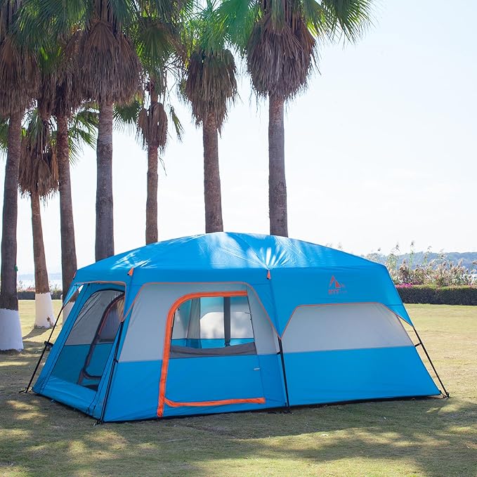 KTT Extra Large Tent 10-12-14 Person(B),Family Cabin Tents,2 Rooms,3 Doors and 3 Windows with Mesh,Straight Wall,Waterproof,Double Layer,Big Tent for Outdoor,Picnic,Camping,Family Gathering