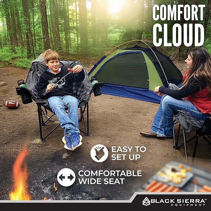 Black Sierra Oversized Camping Chair for Adults – 400 lb Heavy Duty Folding Chair with Cup Holders & Carry Bag