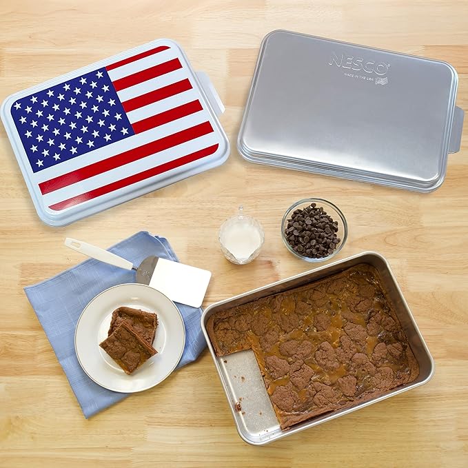 NESCO American Flag Cake Pan Bundle, USA Made, 2 Lids, Aluminum Baking Pan for Patriotic Holidays, Family Gatherings, Events, Roasting, Broiling, Camping, BBQs, and 4th of July Celebrations