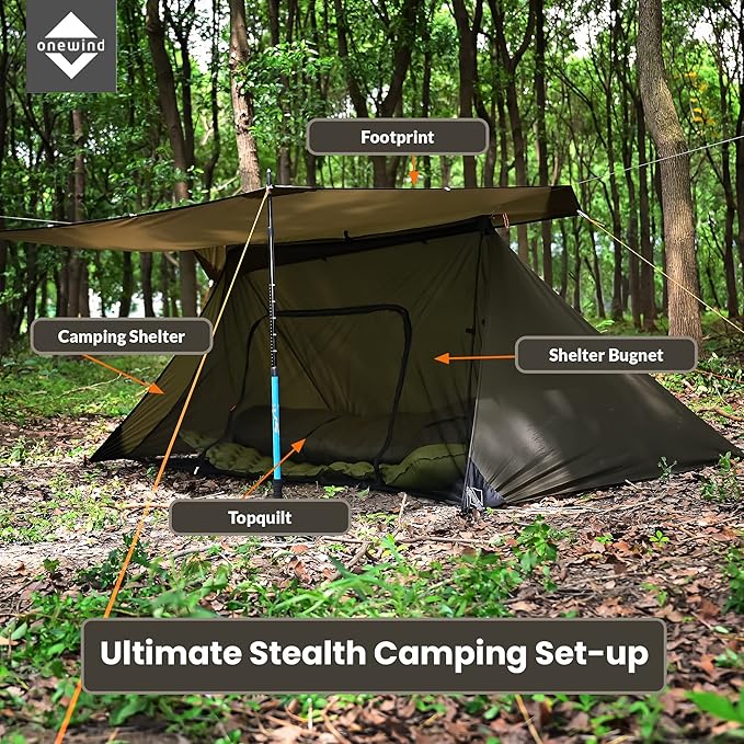 onewind Shelter, Camping Tarp Set Include Emergency Shelter, BugNet and Tent Footprint, Ripstop Silnylon with Silicone PU Coating Survival Shelter Tent for Camping, Hiking, Backpacking