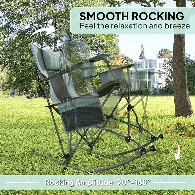 Outsunny Folding Rocking Camping Chairs for Adults, Portable Outdoor Rocking Chairs with Headrest, Cooler Bag, Cup Holder, Carry Bag for Picnic Outside and Outdoor Travel, 2 Pack, Gray